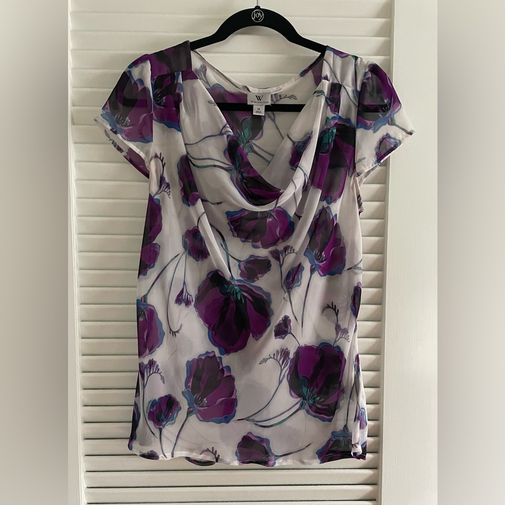 Worthington White and Purple Draped Blouse